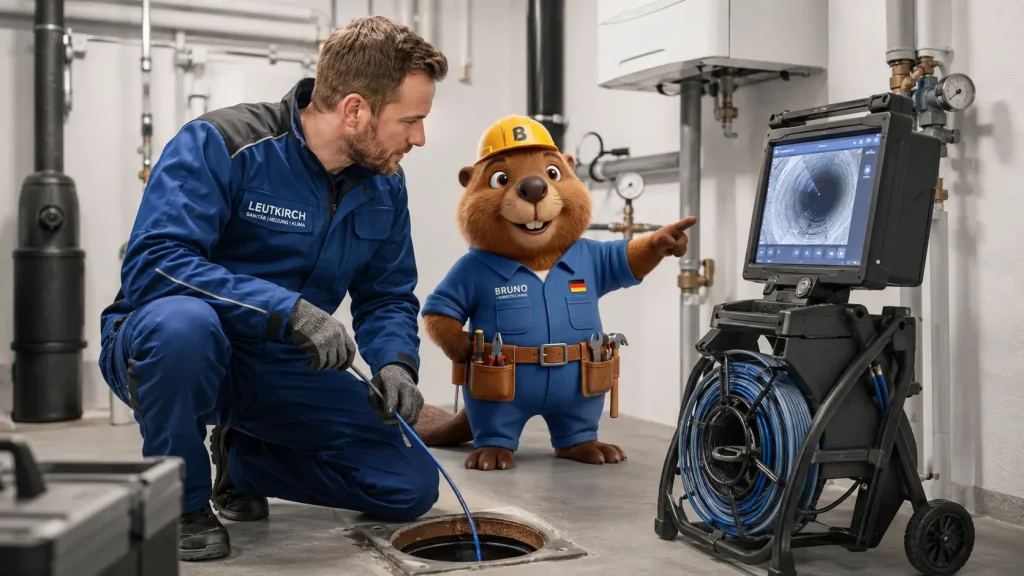 Techniker mit Rohrkamera und Bruno in einem sauberen Technikraum bei einer Rohrprüfung in Leutkirch.