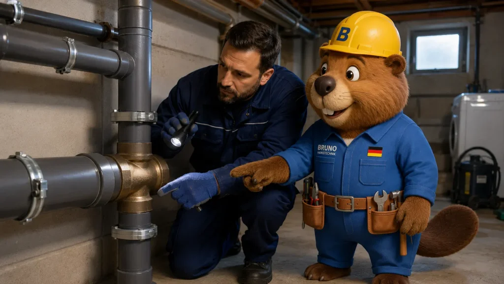 Monteur prüft eine saubere Abwasserleitung im Keller, Bruno zeigt auf die überprüfte Rohrverbindung in Aalen.