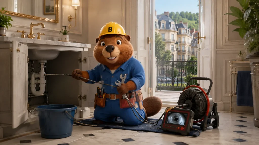 Bruno der Biber untersucht eine Abflussleitung mit Kamera in einem Altbau in Baden-Baden