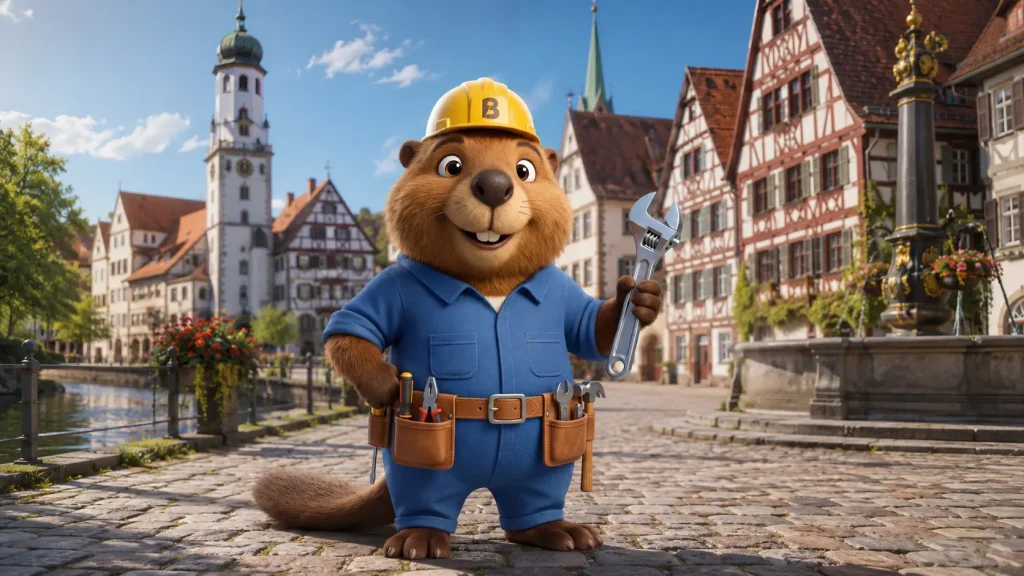 Bruno der Biber mit Rohrzange vor der historischen Altstadt von Biberach an der Riß.