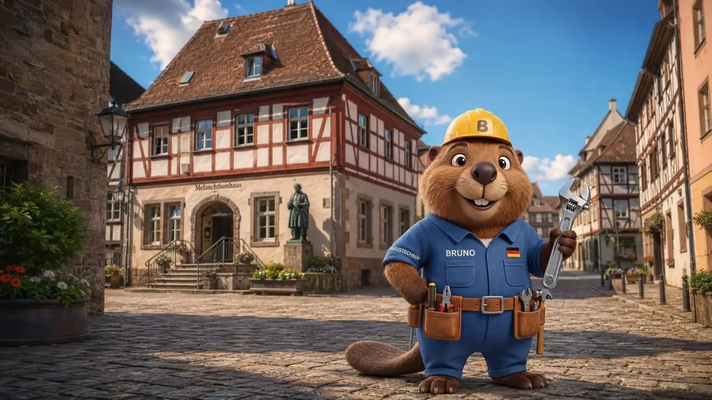 Bruno der Biber vor dem Melanchthonhaus in Bretten als Symbol für professionelle Rohrreinigung vor Ort.