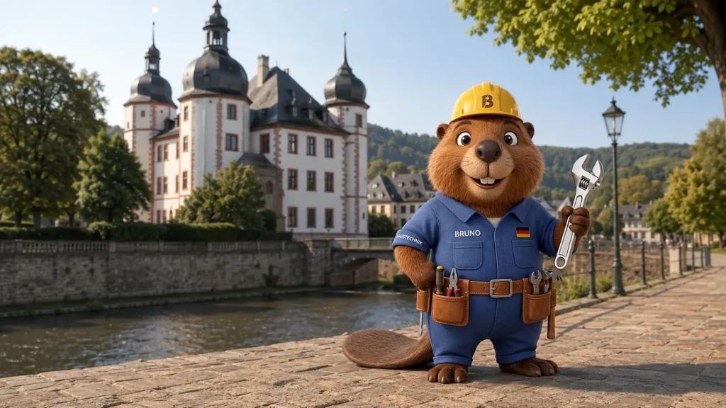 Bruno der Biber vor einer Sehenswürdigkeit in Gaggenau als Symbol für professionelle Rohrreinigung vor Ort.