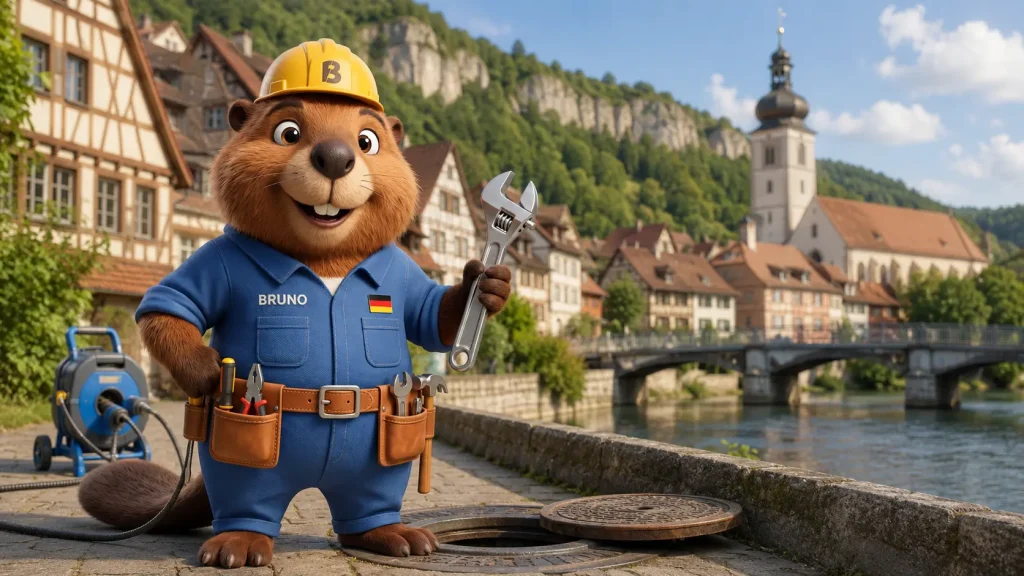 Bruno der Biber vor der Altstadtkulisse von Geislingen an der Steige.