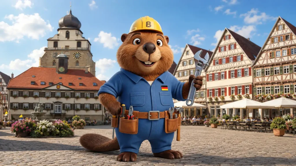 Bruno der Biber vor der Stiftskirche und den Fachwerkhäusern in Herrenberg