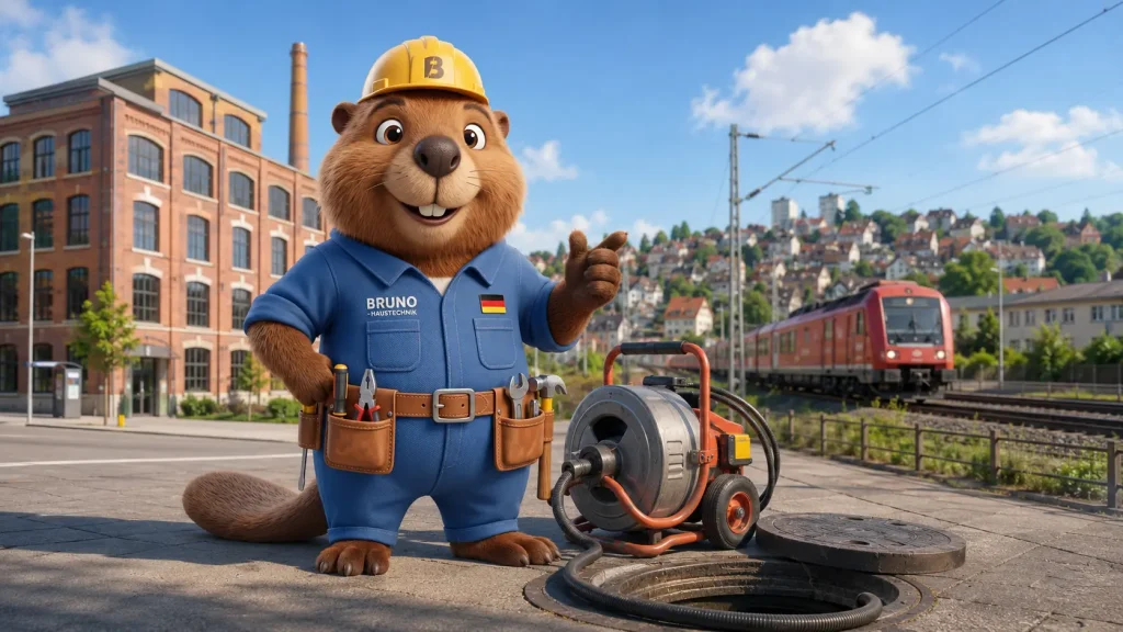 Bruno steht mit einer Rohrreinigungsmaschine vor einem ehemaligen Industriegebäude und Bahngleisen in Kornwestheim.