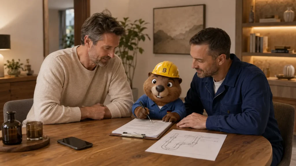 Martin prüft mit Bruno und dem Techniker den Arbeitsbericht nach der Rohrreinigung in Laupheim.