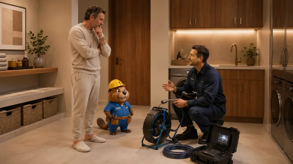 Ein Techniker erklärt Martin und Bruno, welche Geräte für die Rohrreinigung in Laupheim geeignet sind.