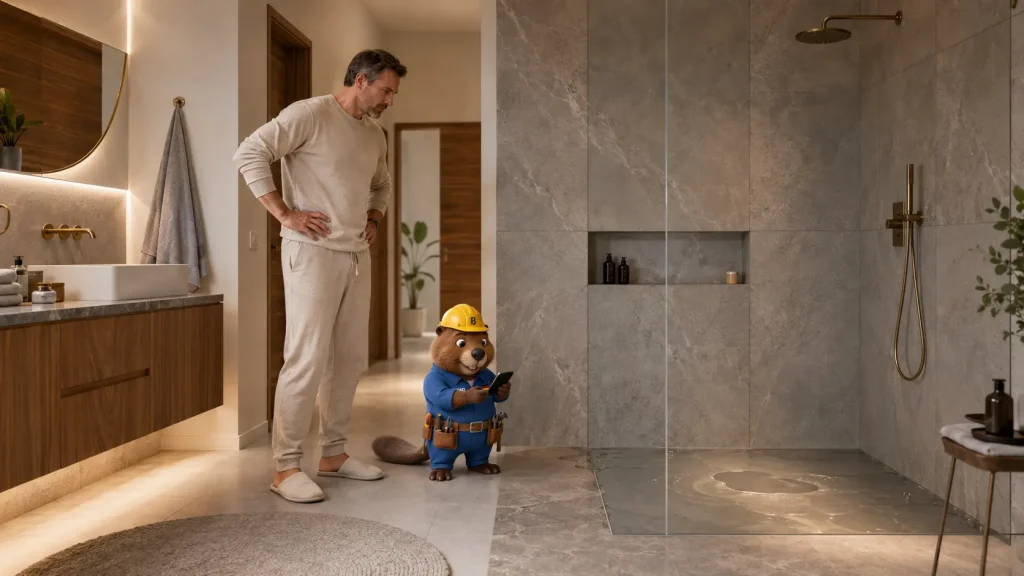 Martin und Bruno der Biber dokumentieren einen Rückstau in der Dusche eines Hauses in Laupheim.