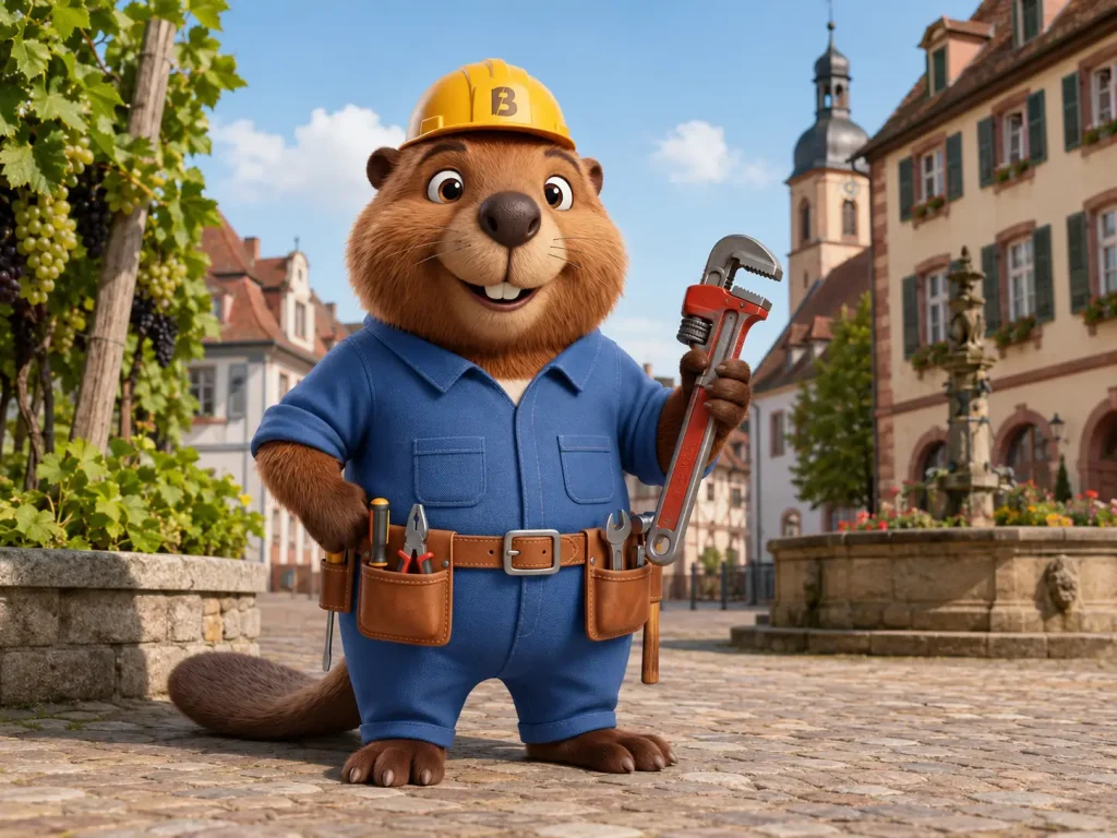 Bruno der Biber mit Rohrzange vor dem historischen Stadtzentrum von Leimen.