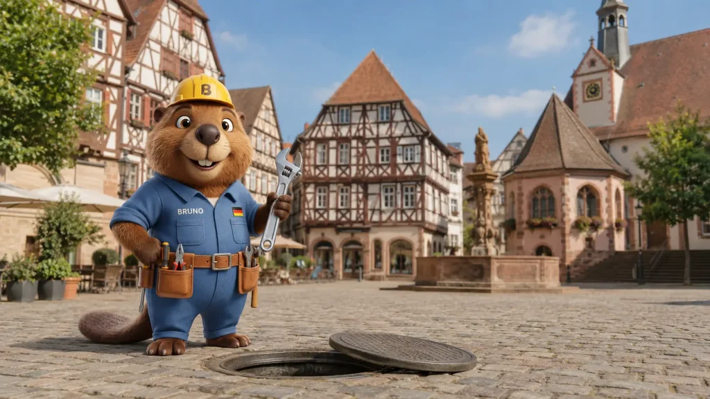 Bruno der Biber steht mit Werkzeug vor den Fachwerkhäusern in der Mosbacher Altstadt.