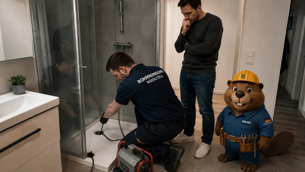 Ein Fachmann reinigt den Duschabfluss in einem Haus in Radolfzell, während Bruno danebensteht.