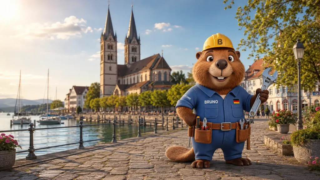 Bruno steht vor dem Radolfzeller Münster am Bodensee und hält eine Rohrzange.