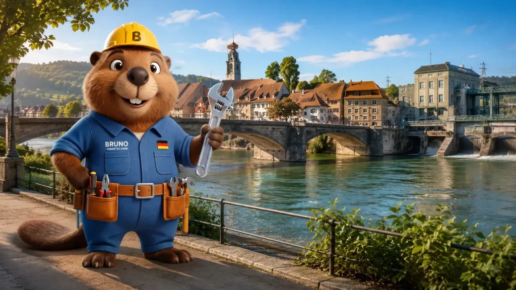 Bruno steht in Rheinfelden am Rhein vor der Brücke und dem Wasserkraftwerk und zeigt das Thema Rohrreinigung in der Stadt.