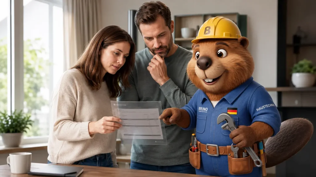 Ein Paar prüft gemeinsam mit Bruno dem Biber einen Kostenvoranschlag für eine Rohrreinigung in Schwäbisch Gmünd.