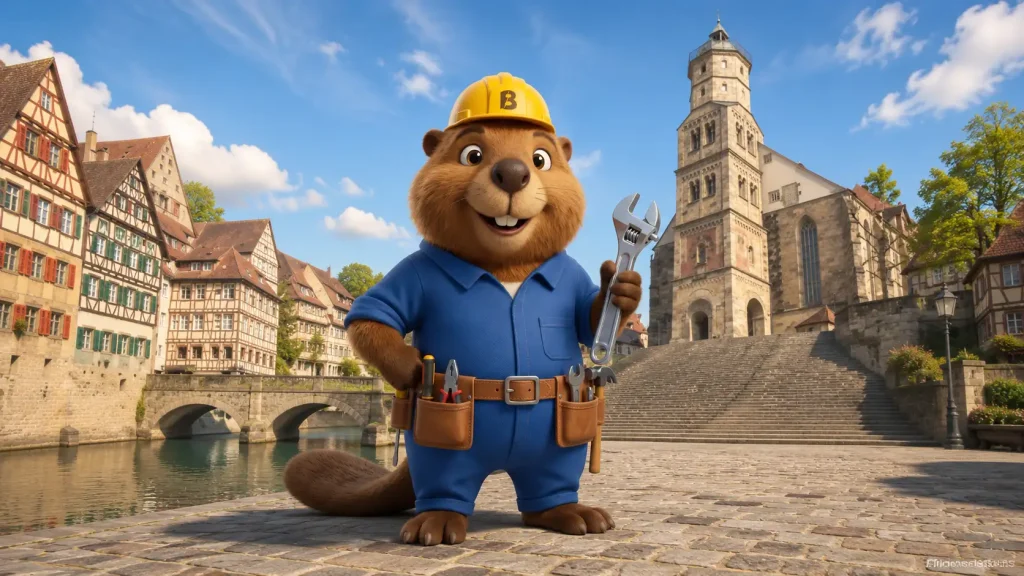 Bruno der Biber vor der Altstadt und der Kirche St. Michael in Schwäbisch Hall