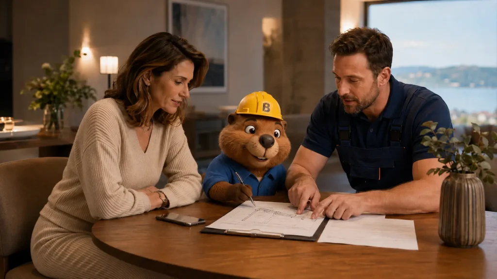 Jana prüft mit Bruno und dem Techniker den Arbeitsbericht nach der Rohrreinigung in Überlingen.