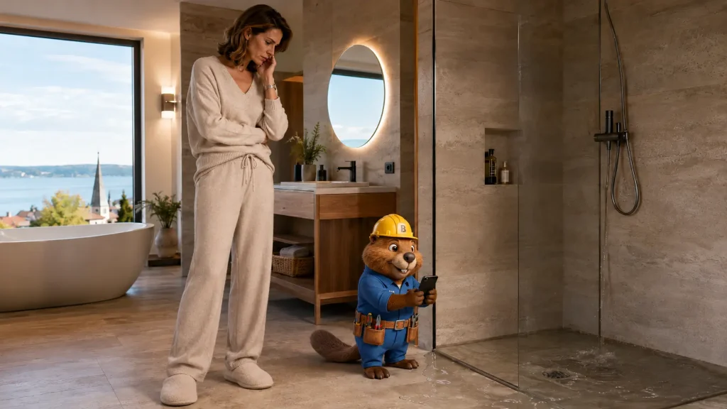 Jana und Bruno der Biber dokumentieren einen Rückstau in der Dusche einer Ferienwohnung in Überlingen.