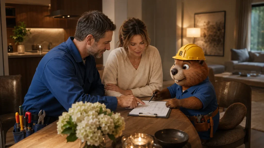 Sarah prüft mit Bruno und dem Techniker den Arbeitsbericht nach der Rohrreinigung in Waldkirch.