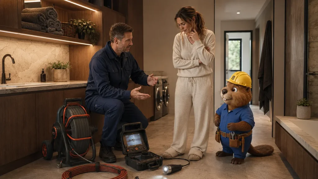 Ein Techniker erklärt Sarah und Bruno, welche Geräte für die Rohrreinigung in Waldkirch geeignet sind.