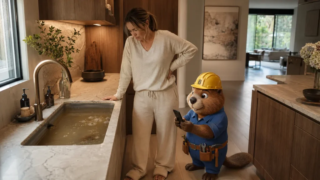 Sarah und Bruno der Biber dokumentieren einen Rückstau in der Küchenspüle einer Wohnung in Waldkirch.