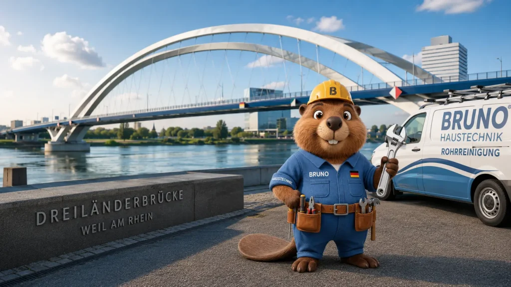 Bruno der Biber vor der Dreiländerbrücke in Weil am Rhein als Symbol für professionelle Rohrreinigung vor Ort.