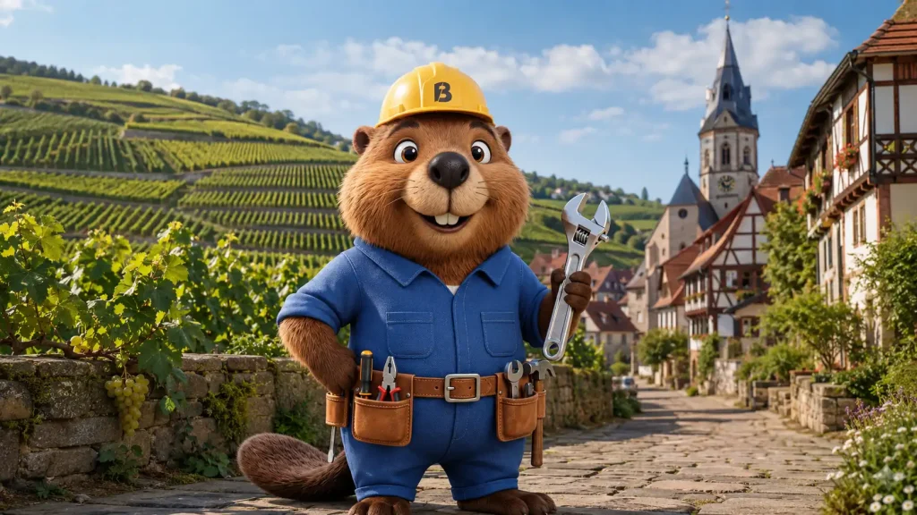 Bruno der Biber steht mit Werkzeug vor Weinbergen und historischer Ortskulisse in Weinstadt.