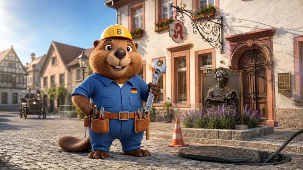 Bruno der Biber steht mit Rohrzange vor der historischen Stadt-Apotheke in Wiesloch.