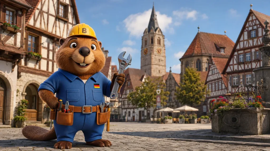 Bruno der Biber mit Rohrzange vor der historischen Altstadt von Winnenden.