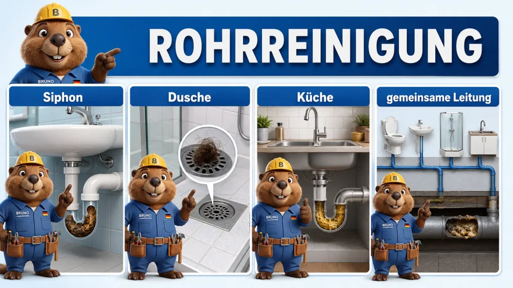 Bruno erklärt typische Rohrverstopfungen im Siphon, in der Dusche, in der Küchenleitung und in einer gemeinsamen Abwasserleitung.