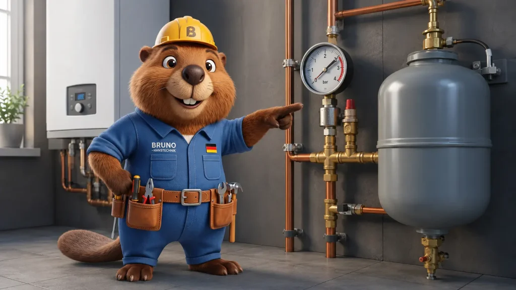 Bruno prüft ein tropfendes Sicherheitsventil unter einer Heiztherme.