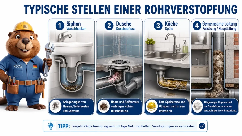 Bruno zeigt typische Stellen einer Rohrverstopfung am Siphon, im Duschabfluss, in der Küchenleitung und in einer gemeinsamen Fall- oder Hauptleitung.