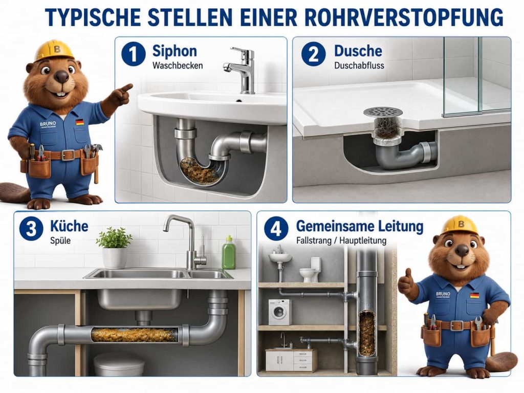 Bruno zeigt typische Stellen einer Rohrverstopfung am Siphon, im Duschabfluss, in der Küchenleitung und in einer gemeinsamen Fall- oder Hauptleitung.