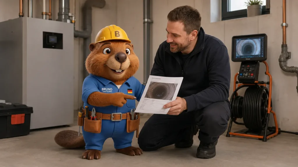 Bruno bespricht mit einem Bewohner den Bericht einer Rohrkamera-Untersuchung in Waghäusel.