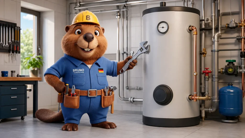 Bruno der Biber steht in einem Technikraum neben einem Warmwasserspeicher und zeigt mit einem Schraubenschlüssel auf die Anlage.
