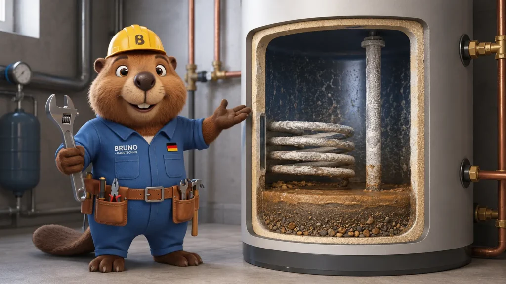 Bruno der Biber zeigt einen geöffneten Warmwasserspeicher mit starken Kalkablagerungen, Heizspirale und Sedimenten im Inneren.