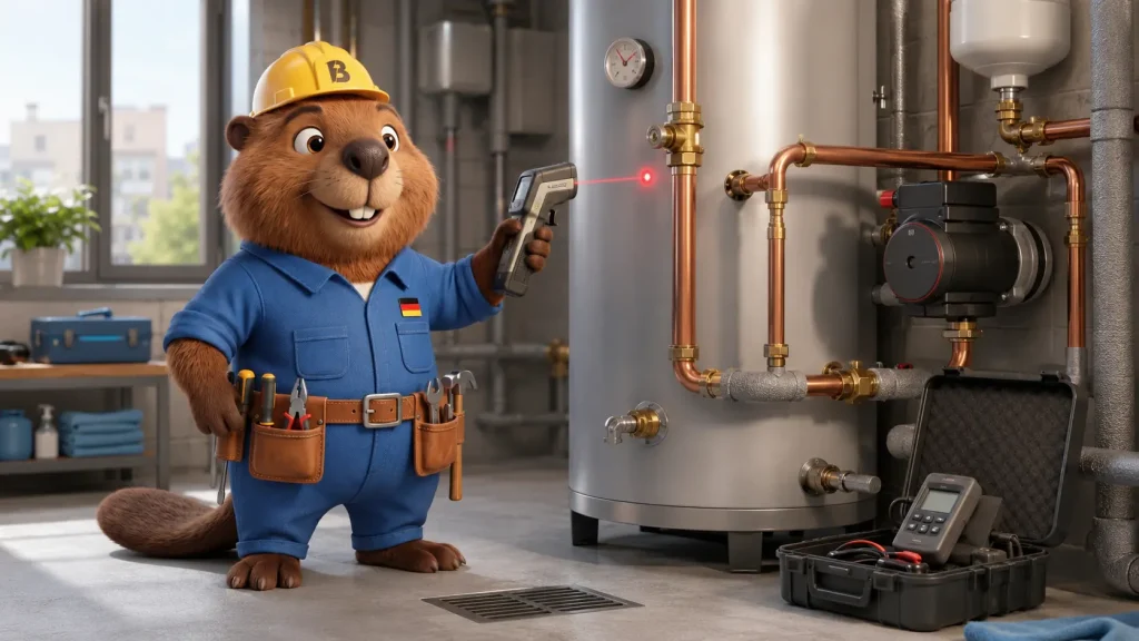Bruno der Biber prüft in einem Heizungsraum mit einem Messgerät die Temperatur und Technik eines Warmwasserspeichers.