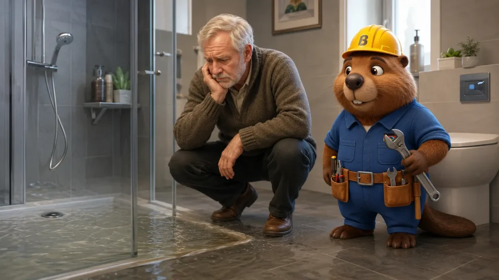 Ein älterer Mann bemerkt, dass nach der WC-Spülung Wasser in der Dusche hochsteigt.