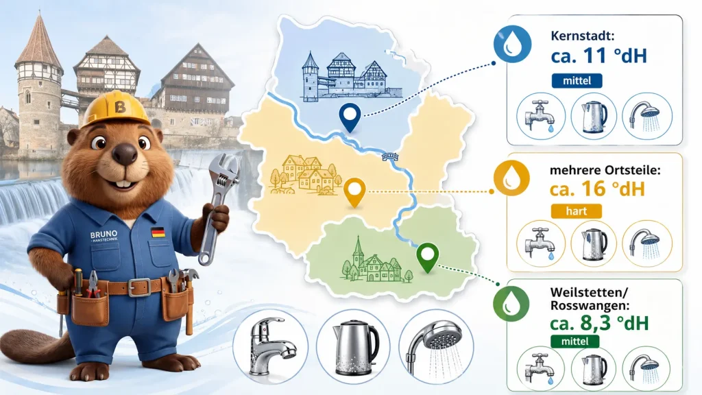 Bruno zeigt die unterschiedlichen Wasserhärtewerte in Balingen: etwa 11 °dH in der Kernstadt, 16 °dH in mehreren Ortsteilen und 8,3 °dH in Weilstetten und Rosswangen.