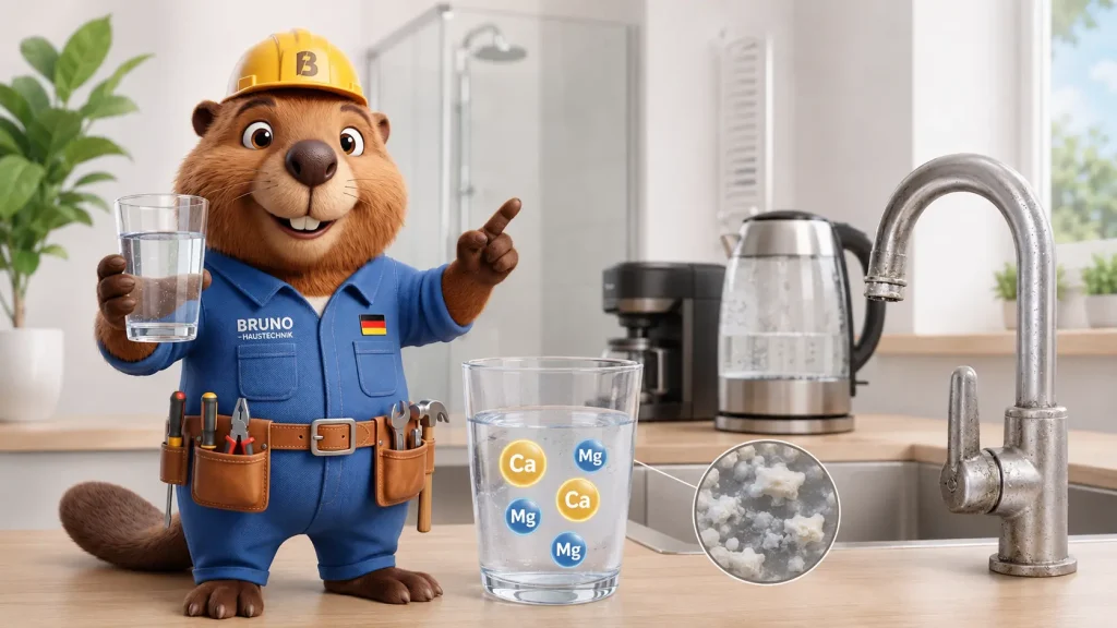 Bruno erklärt Wasserhärte mit Calcium und Magnesium neben einem verkalkten Wasserhahn und Wasserkocher.
