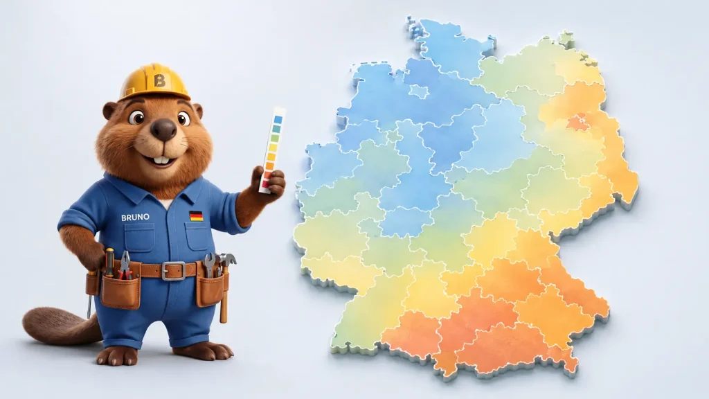 Bruno zeigt eine Deutschlandkarte mit regional unterschiedlichen Wasserhärtebereichen und hält einen Wasserteststreifen.