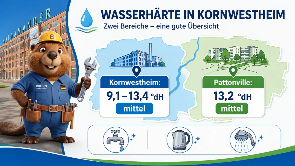 Bruno zeigt die Wasserhärte in Kornwestheim mit 9,1 bis 13,4 °dH und in Pattonville mit 13,2 °dH.