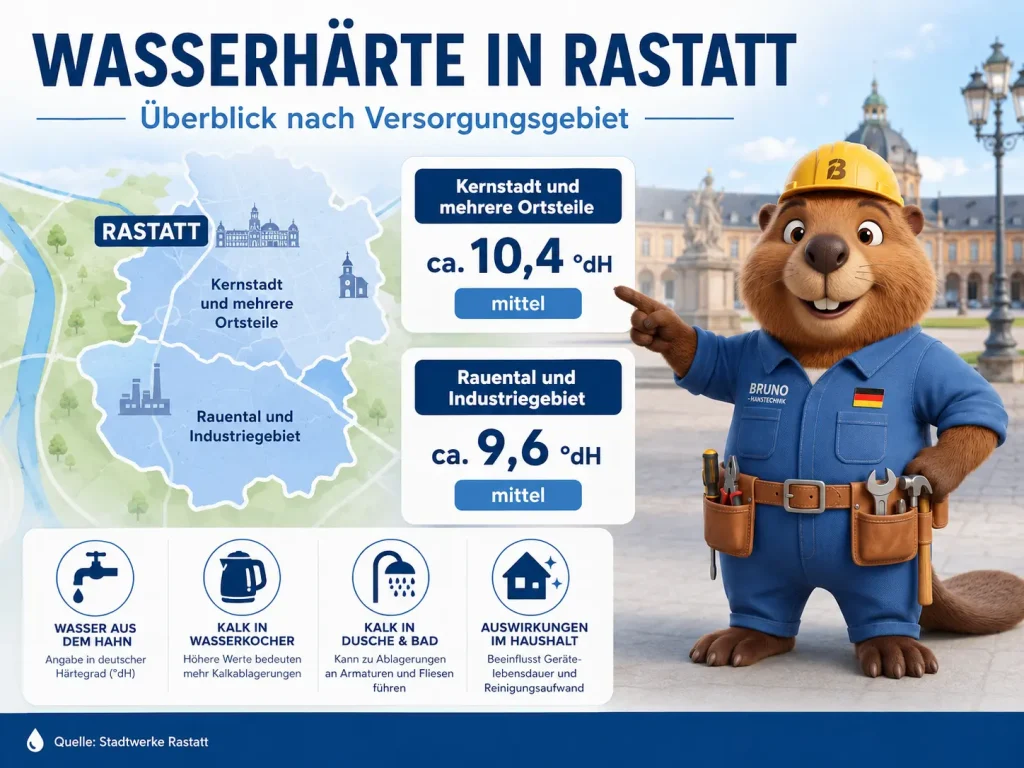 Bruno zeigt die Wasserhärte in Rastatt: etwa 10,4 °dH in der Kernstadt und mehreren Ortsteilen sowie etwa 9,6 °dH in Rauental und im Industriegebiet.