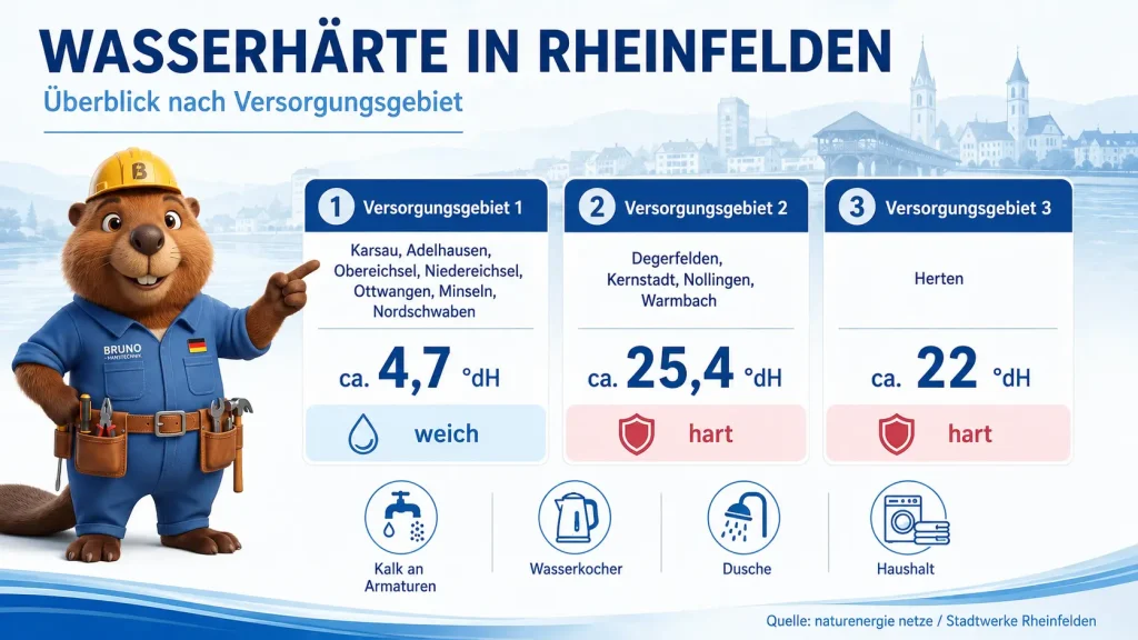 Bruno zeigt die Wasserhärte in Rheinfelden nach Versorgungsgebiet: weich in Karsau, Adelhausen, Obereichsel, Niedereichsel, Ottwangen, Minseln und Nordschwaben, hart in Degerfelden, der Kernstadt, Nollingen, Warmbach und Herten.