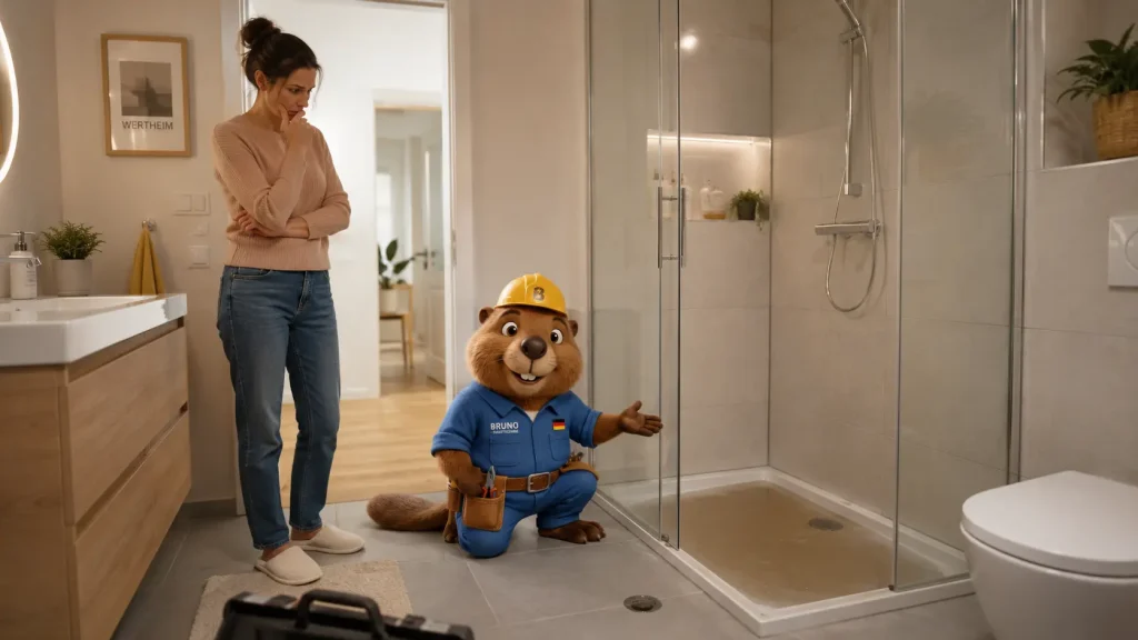 Bewohnerin und Bruno vor einer verstopften Dusche in einem modernen Bad in Wertheim.