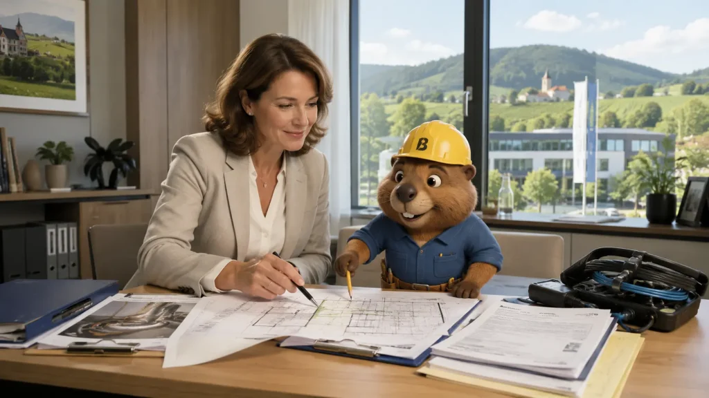 Betriebsleiterin prüft mit Bruno Arbeitsbericht und Leitungsplan.