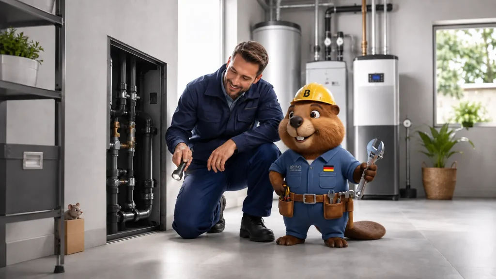 Techniker und Bruno prüfen Leitungen, während eine kleine Maus hinter einem Karton hervorschaut.