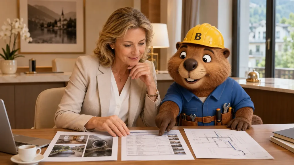 Christine und Bruno prüfen im Hotelbüro Kamerabilder, Leitungsplan und Arbeitsbericht der beschädigten Leitung.