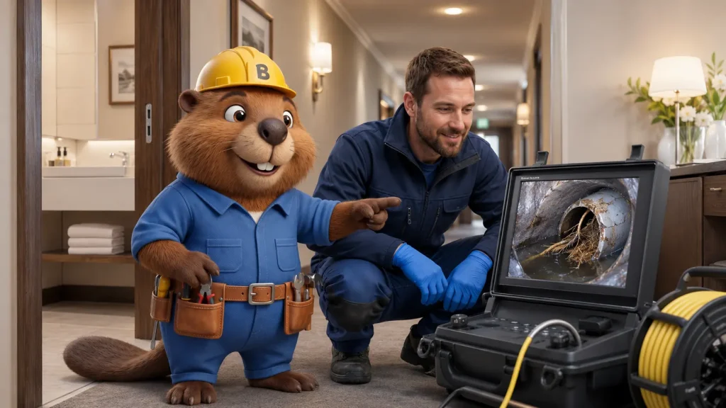 Bruno und ein Techniker prüfen in einem Hotel in Bad Saulgau Kamerabilder von Wurzeln in einer Abwasserleitung.