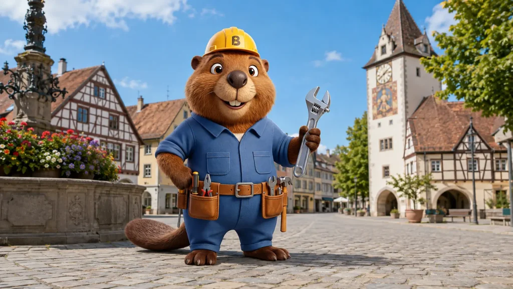 Bruno steht allein vor der historischen Altstadt von Bad Saulgau und hält einen Schraubenschlüssel.