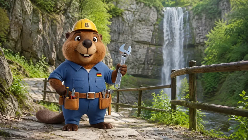 Bruno der Biber steht vor dem Uracher Wasserfall in Bad Urach.